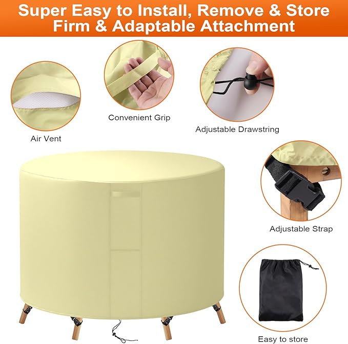 36"(D) x 4"(H) Round Outdoor Furniture Cover, Custom Heavy Duty 420D Waterproof Patio Furniture Cover with Drawstring & Buckles for Table Chair Garden, Cream