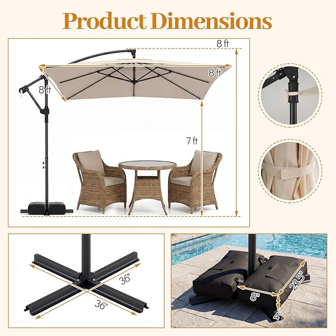 Tangkula 8x8 FT Patio Umbrella with Base Included, Square Offset Cantilever Outdoor Umbrella with 360 Degree Rotation, Crank Handle, Sandbags, 8 Ribs for Pool Deck Garden Backyard