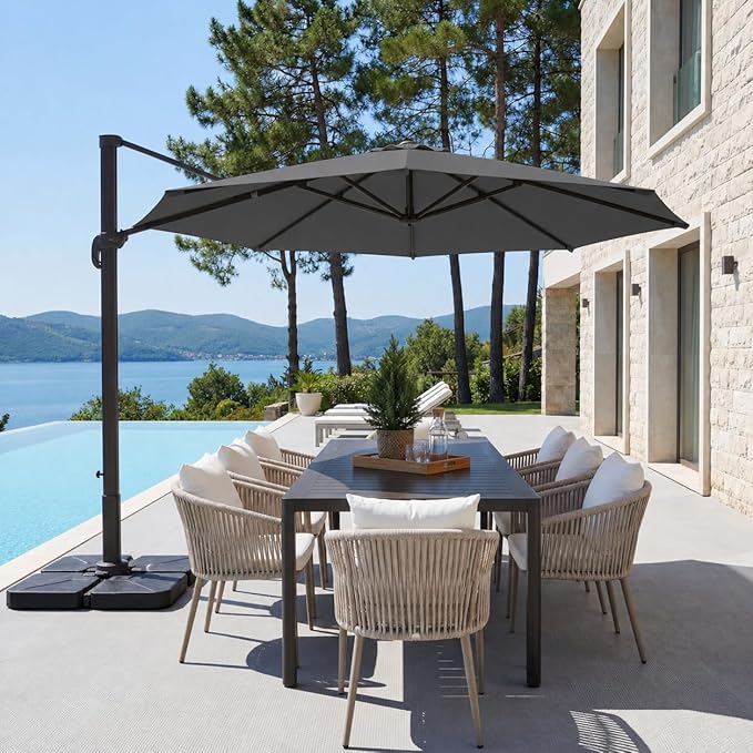 Kingdura Cantilever Patio Umbrella with Double Top Vent, Large Square Aluminum Outdoor Offset Umbrella with 360-degree Rotation, Infinite Tilt, UV Protection for Pool Deck Garden Patio