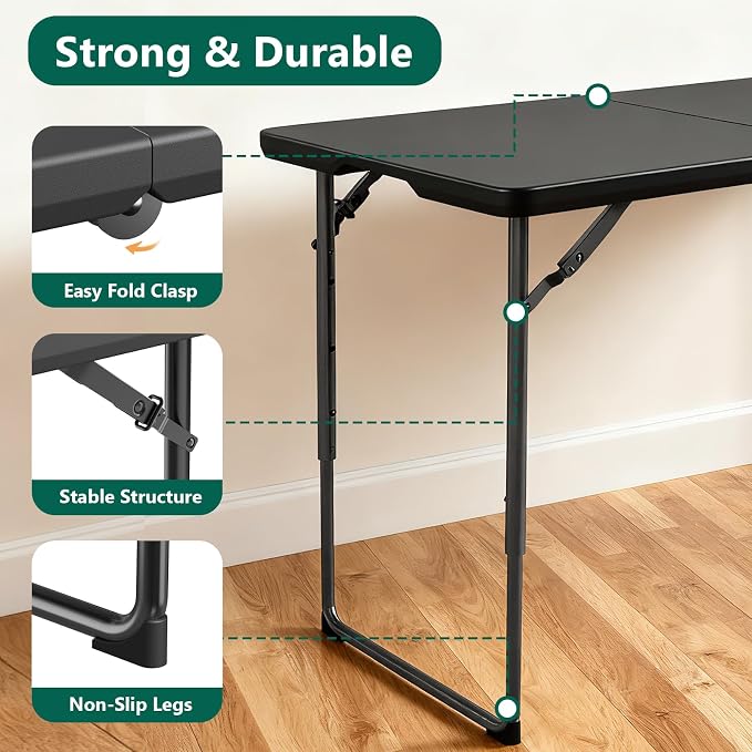 Folding Table, 4FT Foldable Picnic Table with Adjustable Height, Heavy Duty Fold-in-Half Portable Table for Weddings, Camping, RV Travel, Parties, BBQs, and Indoor Use, Easy to Fold and Store