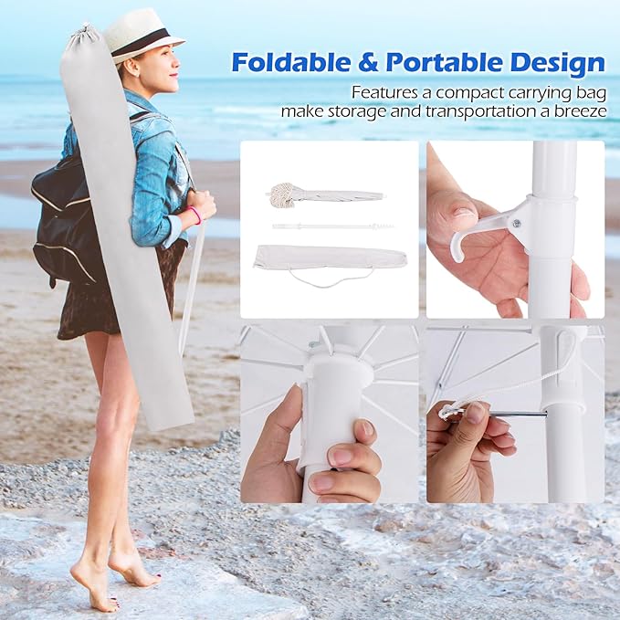 6.5 FT Outdoor Fringe Umbrella, UV 50+ Protection Boho Umbrella with Sand Anchor, Tilt Sun Shelter& 8 Ribs, Portable Beach Umbrella with Carry Bag, Vintage Patio Umbrella for Deck Poolside