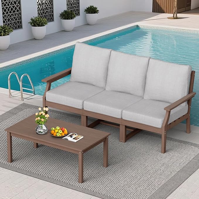 HDPE Patio Conversation Set, 4-Piece All Weather Outdoor Furniture Set with 3-Seater Modular Sofa for Deck, Lawn, with Cushion, Brown
