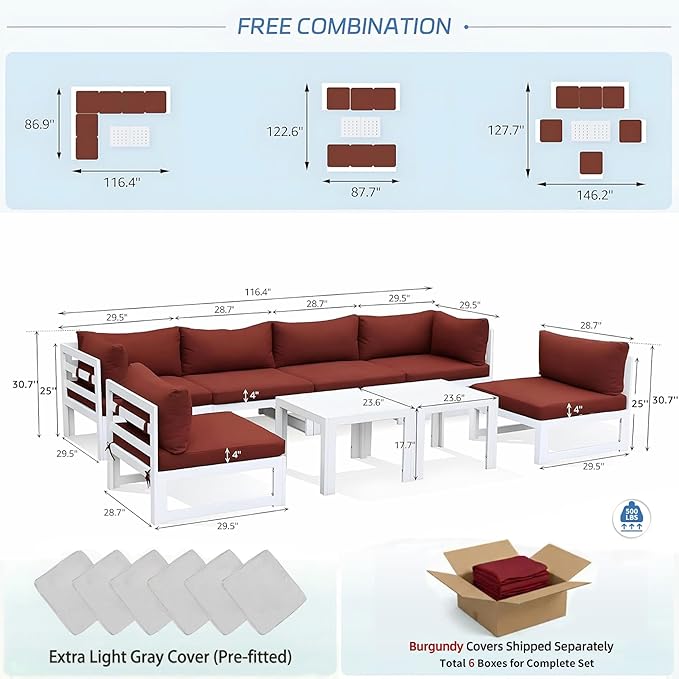 NICESOUL 6 Person Modern Aluminum Outdoor Patio Furniture Set, 29" Wide Deep Seating, Fade & Water Resistant L Shaped Modular Sectional Couch, Large Comfy Conversation Set for Backyard Terrace, Red