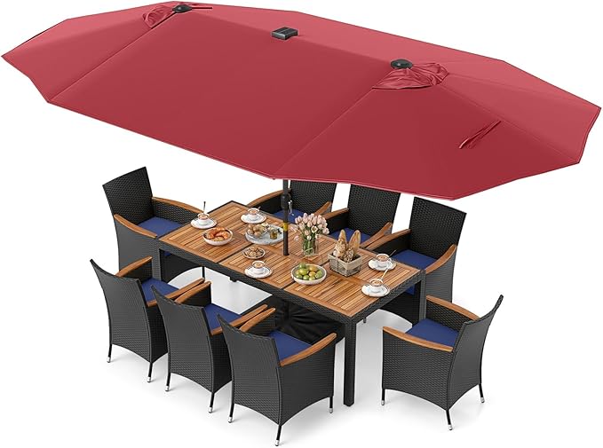 Tangkula 11 Pieces Patio Dining Set with Double-Sided Led Patio Umbrella (Base Included), with 8 Stackable Chairs, Acacia Wood Dining Table and Large Umbrella with Solar Lights (Burgundy + Navy)