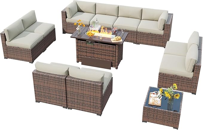 LazySunsets 12 Piece Outdoor Patio Furniture Set with 44'' Fire Pit Table, Outdoor Patio Furniture Sets with Waterproof Cover, Wicker Rattan Outdoor Conversation Set for Backyard & Garden, Beige