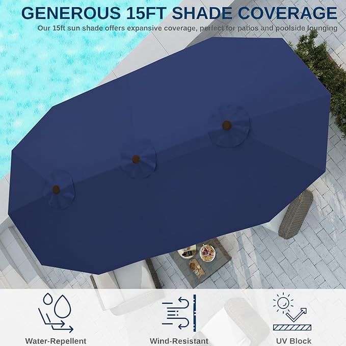 15FT Large Patio Umbrella with Base, Double Sided Rectangular Outdoor Umbrella with Sturdy Fiberglass Ribs, UPF 50+ Sun Protection, Wind-Resistant, Waterproof Fade-Resistant Fabric for Pool, Garden, Backyard, Deck(Navy)