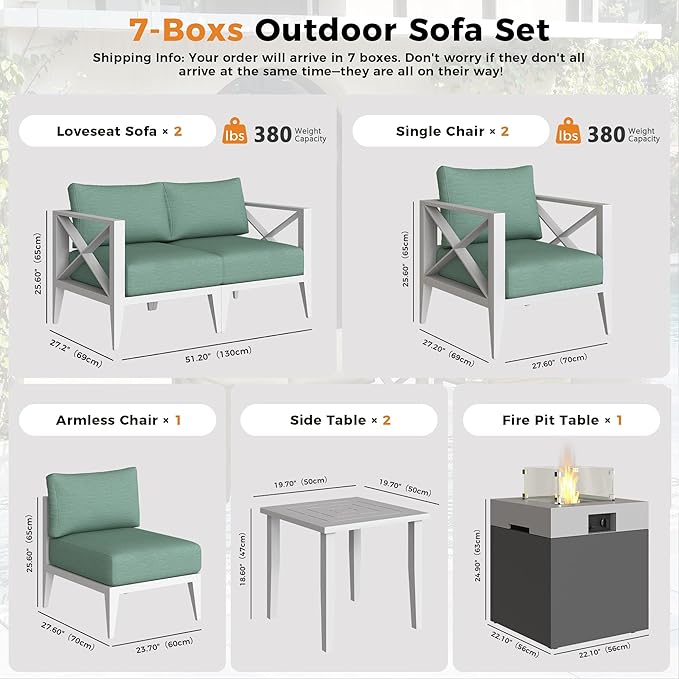 Aluminum Patio Furniture Set with Fire Pit Table,7-Seats Patio Sectional Conversation Sofa with 5.2" All-Weather Cushions and Coffee Table,Furniture Set for Deck, Porch, Garden,White