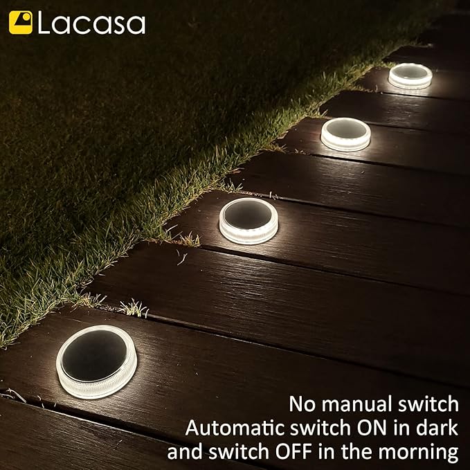Lacasa Solar Deck Lights Outdoor Waterproof LED Solar Step Lights Driveway Lights, White 4000K, for Garden Yard Patio Pathway, Round, 4 Pack