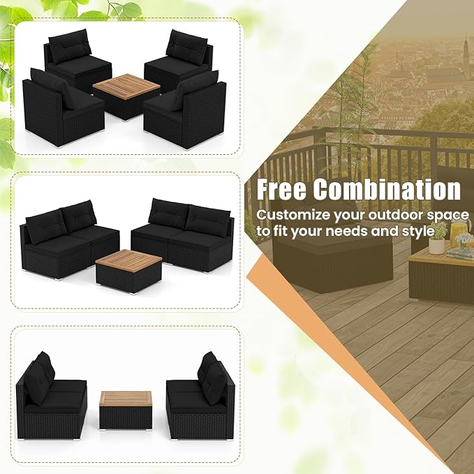 5 Pieces Patio Furniture Set, Outdoor Sectional Sofa with Acacia Wood Coffee Table & Cushions, Wicker Patio Conversation Set for Porch, Deck, Balcony, Poolside & Backyard (Black)