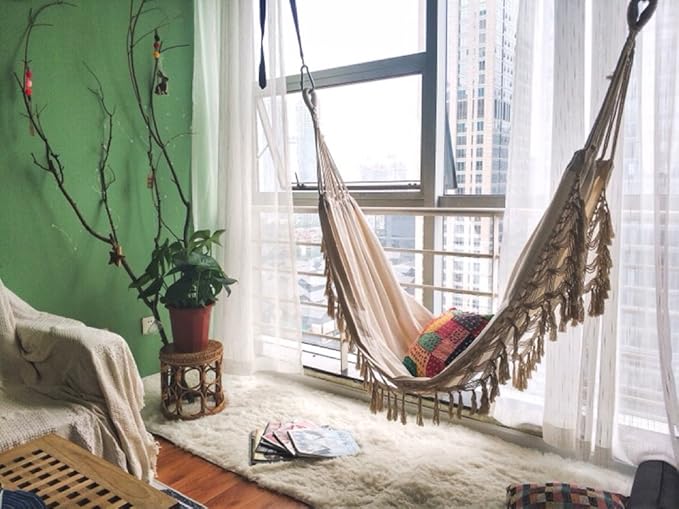 Handmade Boho Large Brazilian Macrame Fringe 2 Person Double Deluxe Hammock Swing Net Chair for Beach, Yard, Bedroom, Patio, Porch, Indoor, Outdoor, Wedding Decor 95" Lx 59" W