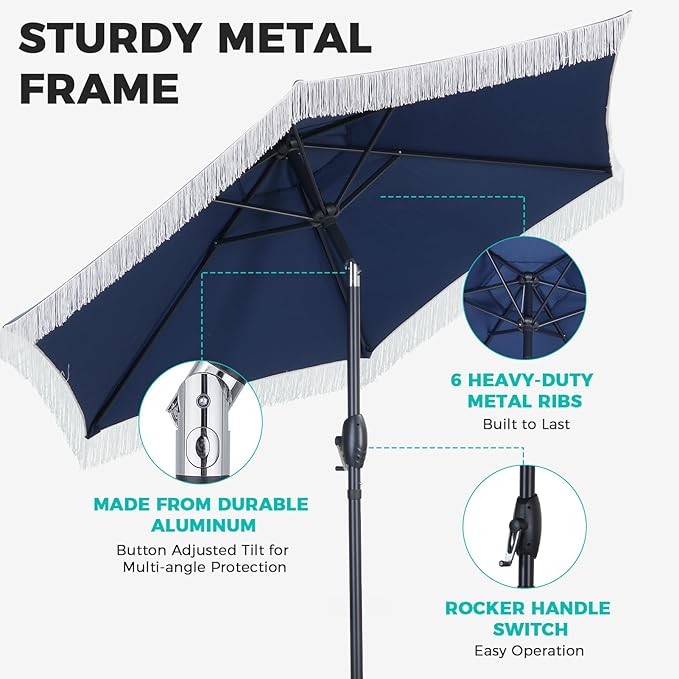7.5ft Fringe Umbrella,Outdoor Market Umbrella with Push Button Tilt and Crack for Garden, Pool, Deck, Bistro,Navy Blue