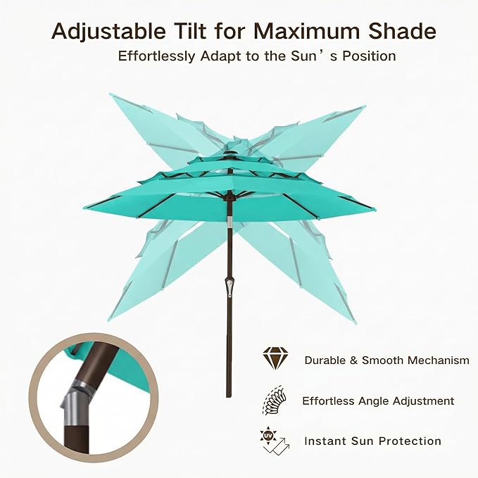 Kingdura 10ft 3-Tier Patio Umbrella, Outdoor Table Umbrella with Easy Crank & Tilt, 8 Reinforced Ribs, UV Protection for Deck, Pool, Market, Backyard (Tiffany blue)