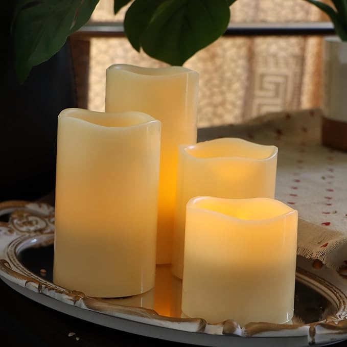 CANDLE CHOICE Real Wax Battery Operated Flameless Candles with Remote Automatic Daily Cycle Timers Realistic Flickering Electric LED Pillars Wedding Party Halloween Christmas Decorations 4 Pack Ivory