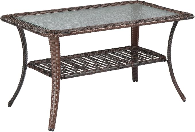 VINGLI Outdoor Coffee Table with Storage Wicker Patio Coffee Table, Tempered Glass Top Coffee Table for Patio Outside Balcony Porch Deck (Brown)