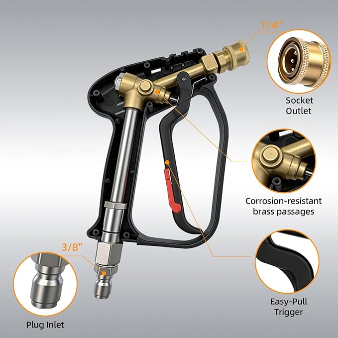 Short Pressure Washer Gun with Swivel,Stubby Pressure Washer Gun,4000 PSI Pressure Water Handle,M22 14mm/15mm & 3/8" QC Inlet,1/4" Quick Connect Outlet for Foam Cannon,Car Wash and Cleaning