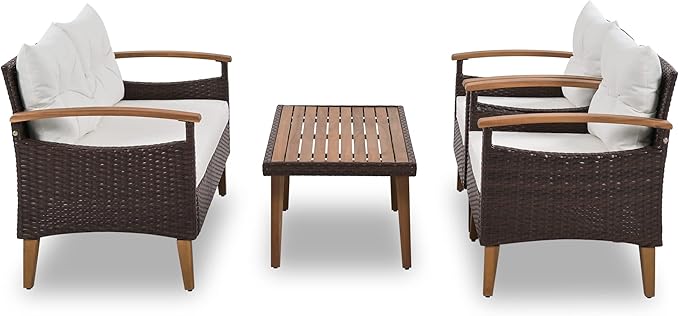 LUMISOL 4 Piece Patio Conversation Set Rattan Chair Set Outdoor Furniture Set with Cushions and Coffee Table for Backyard Porch Poolside, 4-Piece Wicker Patio Furniture Set (Beige)