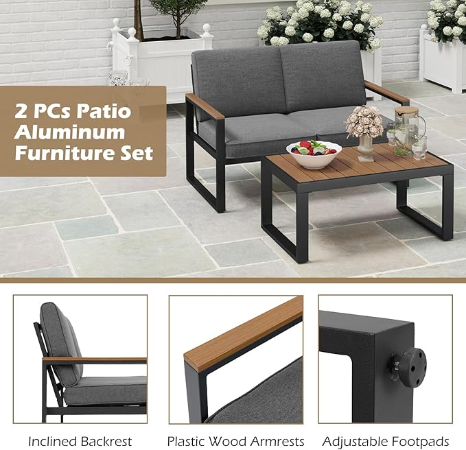 Tangkula 2 Piece Patio Aluminum Furniture Set, Outdoor Cushioned Loveseat with Coffee Table Set, with Wood-Plastic Armrests & Tabletop, for Balcony, Backyard, Poolside