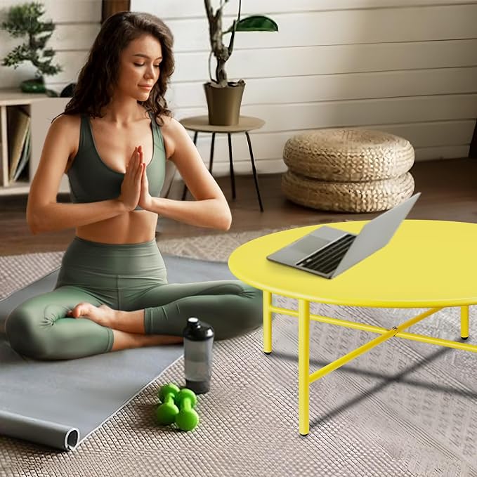Patio Round Steel Patio Coffee Table, Weather Resistant Anti-Rust and Waterproof Indoor and Outdoor Large Side Table, for Garden Living Room Bedroom Balcony（Yellow）
