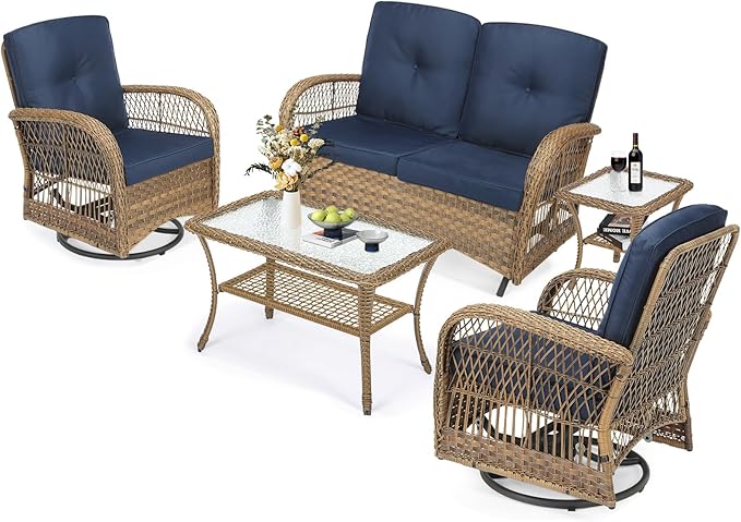 MEETWARM 5 Pieces Outdoor Patio Rattan Furniture Sets, All Weather Patio Wicker Conversation Set - 2 Rocking Swivel Chairs 1 Rattan Loveseat Glider w/Cushions, 2 Glass-Top Coffee Table, Navy Blue