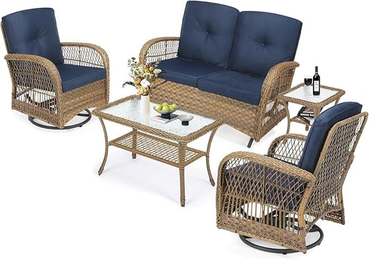 MEETWARM 5 Pieces Outdoor Patio Rattan Furniture Sets, All Weather Patio Wicker Conversation Set - 2 Rocking Swivel Chairs 1 Rattan Loveseat Glider w/Cushions, 2 Glass-Top Coffee Table, Navy Blue