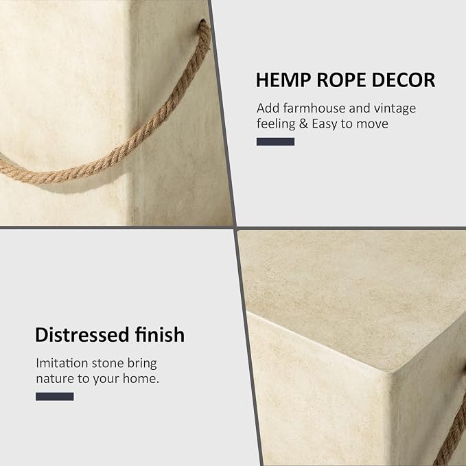 HOMPUS Outdoor Side Table Sets of 2 w Hemp Rope Handle, 2 Pieces Patio MgO Concrete Natural End Table, Square Accent Table Sets, Small Coffee Table for Garden, Patio, Porch and Deck, Warm Grey