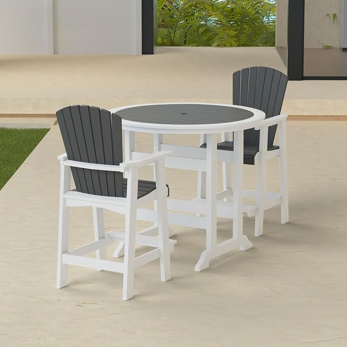Outdoor Bar Height Table and Chairs Set of 3, Round Counter Bar Table with 1.96" Umbrella Hole, 2 Pcs Tall Adirondack Chairs Bar Stools with Arm, Patio Dining Set for Backyard Deck Balcony Front Porch