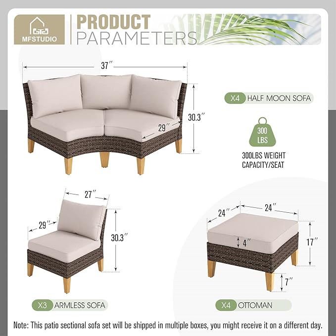 MFSTUDIO 11 Pieces Wicker Patio Furniture Set, All-Weather Rattan Outdoor Half-Moon Curved Sectional Sofa Set for Garden, Backyard, 4 x Curved Sofa, 3 x Armless Couch, 4 x Ottomans
