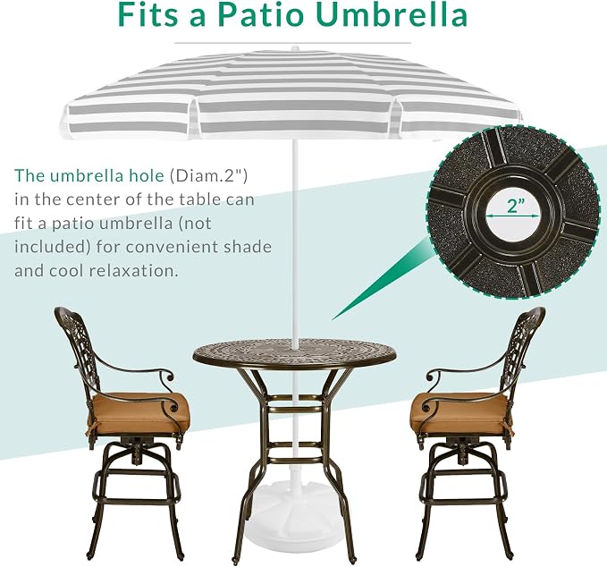 VIVIJASON 38.5" Patio Height Bar Table, All-Weather Cast Aluminum Bar Bistro Table Outdoor Patio Round Dining Table with Umbrella Hole for Balcony, Lawn, Garden, Backyard, Antique Bronze