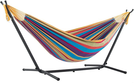 Vivere Double Cotton Hammock with Space Saving Steel Stand, Upgraded Polyester End Strings 450 lb Capacity - Premium Carry Bag Included - USA Grown Cotton (Tropical)