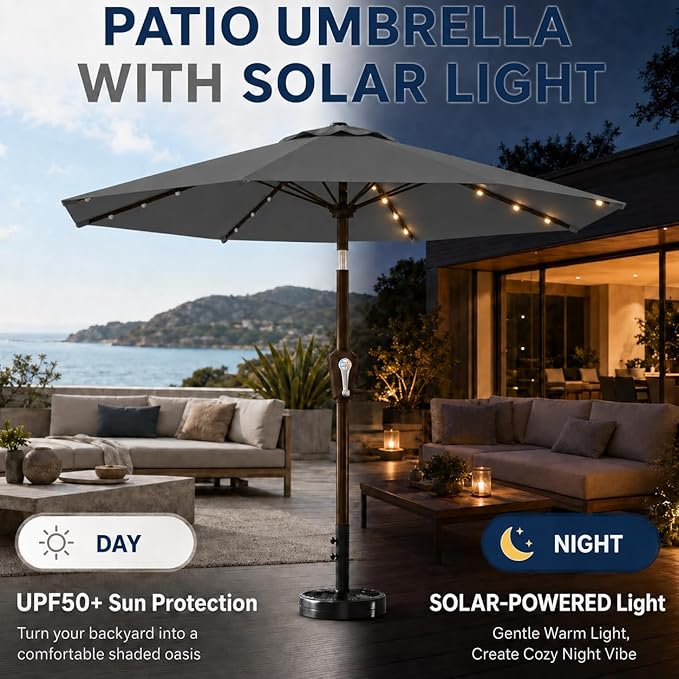 10FT Solar Patio Umbrella with Lights, Outdoor Table Market Umbrella with 32 LED Lights, 8 Sturdy Ribs, Push Button Tilt and Crank for Pool, Deck and Garden, UV-Resistant