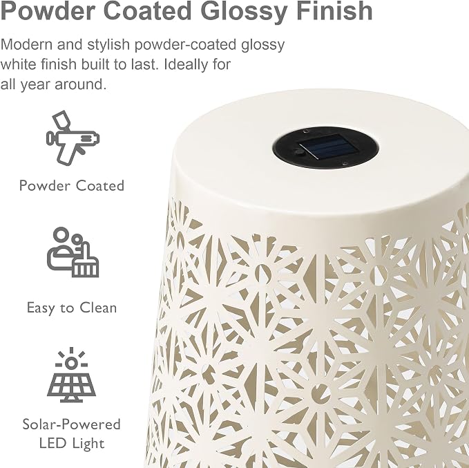 Glitzhome Set of 2 Outdoor Side Table, Iron Cutout Geometric Pattern Solar Powdered Garden Stool, Planter Stand and Solar Lantern for Garden Patio Party Yard Outdoor Indoor Decoration, White