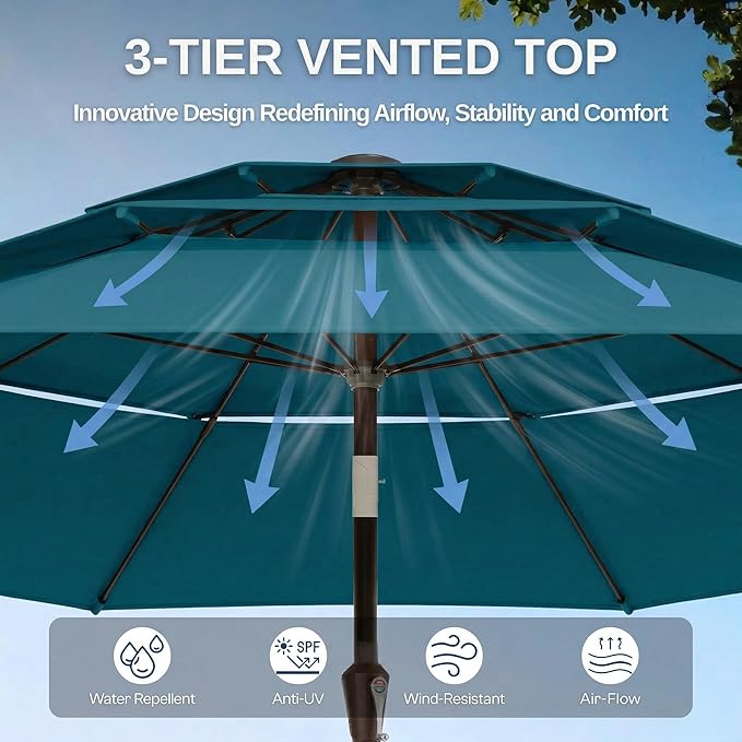 10ft Patio Umbrella, 3 Tier Outdoor Market Table Umbrellas with 8 Fiberglass Ribs and Push Button Tilt, Windproof, Vented Canopy, UV Protection for Deck, Pool, Backyard