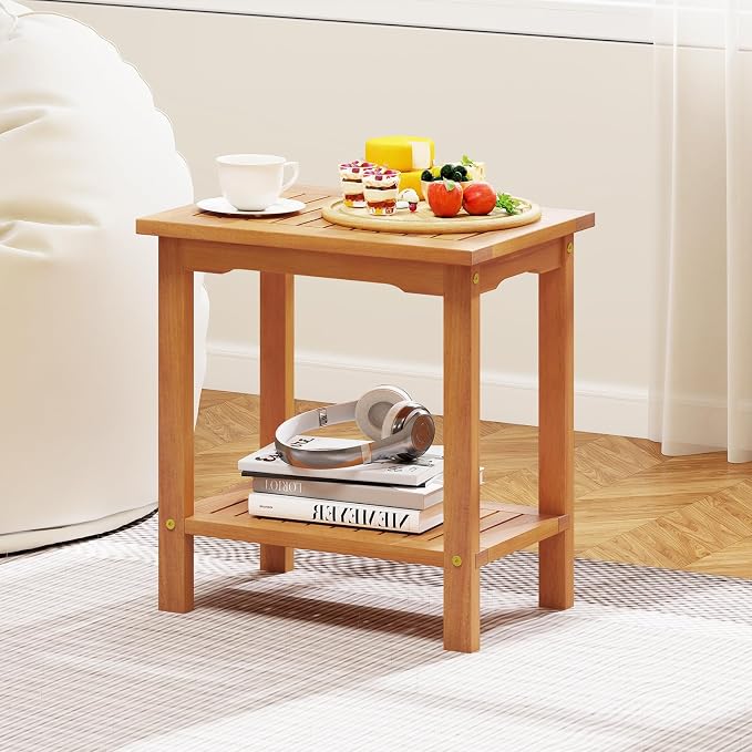 HAPPYGRILL Acacia Wood Patio Side Table, 2-Tier Accent Table with Slatted Tabletop & Storage Shelf, Wooden End Table for Living Room Poolside Balcony Porch (1)