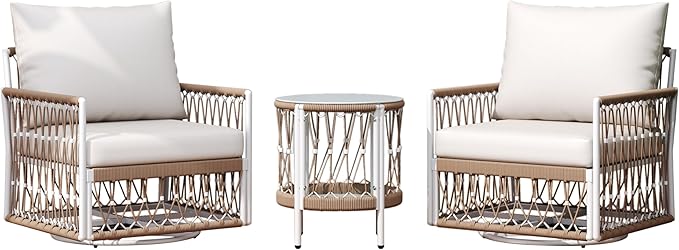 Christopher Knight Home Janna 3-Piece Bohemian Outdoor Patio Furniture Set, Set of 2 Swivel Lounge Chairs with Cushions & Glass Top Side Table, Patio Conversation Set for Garden, Beige + Natural