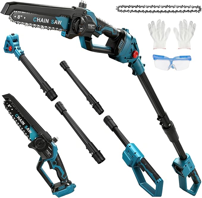 2-In-1 Cordless 8 Inch Pole Saw & Chainsaw Compatible with Makita 18V Battery (No Battery), Brushless Electric Chainsaw with Extension Pole, 15ft Max Reach for Tree Trimming Branch Cutting