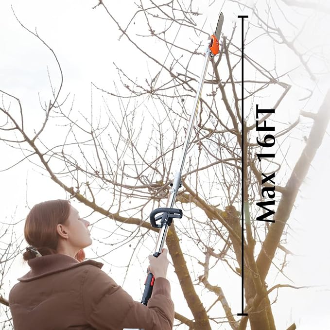 Pole Saw 16-FT Height Reachable Powerful Gas Pole Chainsaw 42.7CC 2-Cycle Cordless Extension Pole Saw with 11 inch Cutting Bar Tree Trimmer Long Reach Saw