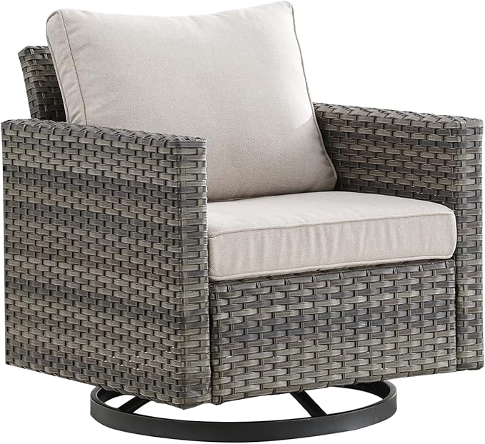 Outdoor Patio Swivel Rocker Chairs - Single Wicker Patio Swivel Rocking Chair with Waterproof Wicker,Comfortable Cushions and Sturdy Metal Frame for Outside Porch Deck Backyard(Mixed Grey/Beige/1PC)