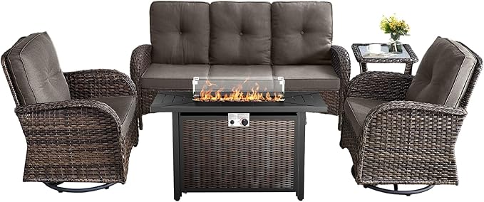 5 Pieces Patio Furniture Set with Fire Pit Table-All Weather Rattan Wicker Outdoor Couch with Outdoor Swivel Chair Outdoor Furniture for Deck Porch Garden Balcony Poolside-Brown/Grey