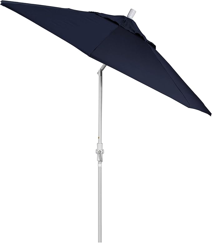California Umbrella 9' Round Aluminum Market Umbrella, Crank Lift, Collar Tilt, White Pole, Navy Blue Olefin