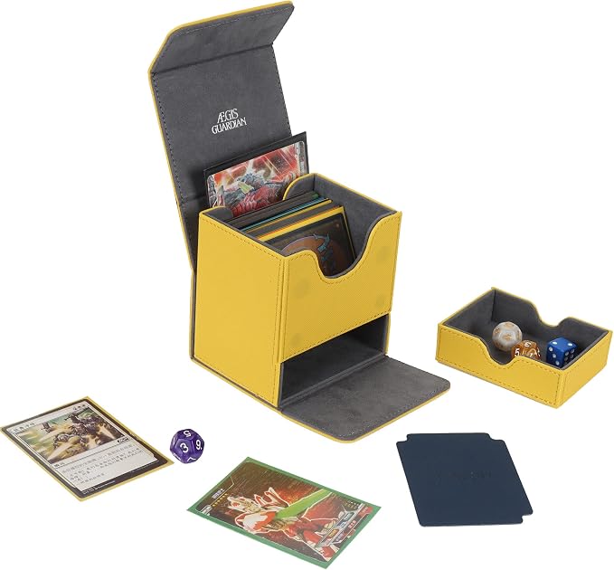 AEGIS GUARDIAN Card Deck Box with Dice Tray for MTG Cards, Commander Deck Box fit 150+ Sleeved Cards, PU Leather Card Storage Box Strong Magnet Deck Game Case for TCG CCG, Yellow