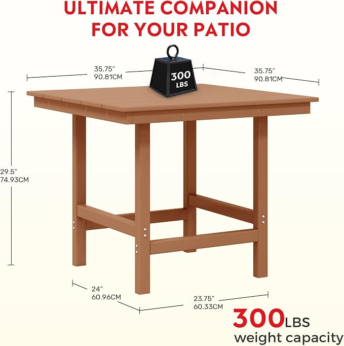 Costaelm Outdoor Patio Table, Outdoor Dining Table for 4, Weather Resistant Square Patio Table with Umbrella Hole for Garden, Poolside, Porch, Teak