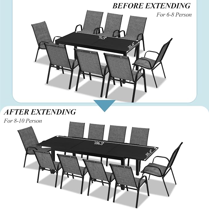 PIZZELLO Outdoor Expandable Dining Table 71"-106" Aluminum Patio Dinner Table for 8-10 Person, Rectangular Metal Collapsible Tables w/Umbrella Hole, Patio Table w/Extendable Top for Garden, Backyard