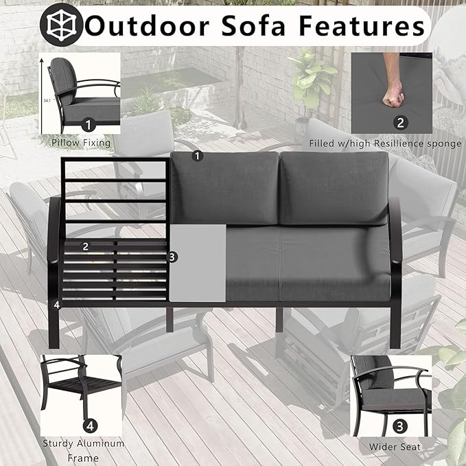 Aluminum Patio Furniture Set with Rectangular Coffee Table, 5 Seats Outdoor Patio Conversation Sets w/5.1" Cushions,Patio Conversation Sets for Garden, Backyard, Porch-Grey