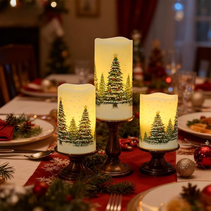 Wondise Flameless Flickering Pillar Candles with Remote Timer, Real Wax Battery Operated Christmas Tree Pine Tree Decal LED Candle for Christmas Decoration Gifts, Set of 3(D3 x H4/5/6 Inch)