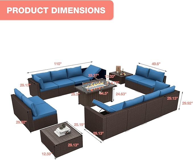 HOMREST 15 Pieces Outdoor Patio Furniture Set with 44" Propane Fire Pit Table, PE Rattan Sectional Sofa Conversation Set w/Adjustable Bracket, Wood Coffee Table for Backyard (Blue)