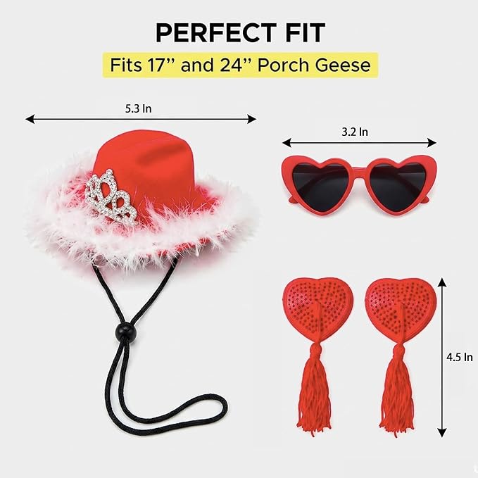 Funny Porch Goose Summer Decor Set Hat, Sunglasses & Tassel Skirt for 17'' & 24'' Lawn Geese Outdoor Yard Decoration (Heart Fringe)