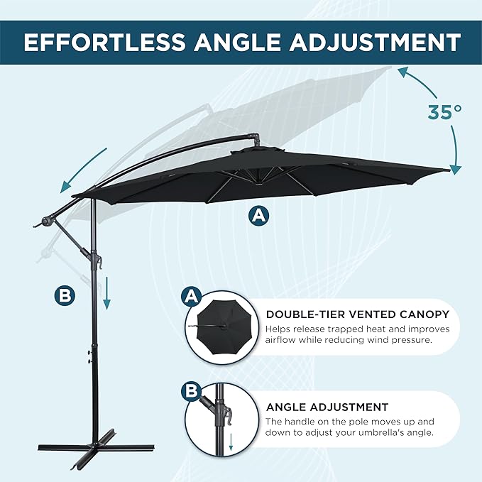 10FT Offset Patio Umbrella, Cantilever Hanging Umbrella with Infinite Tilt, Fade-Resistant Water-Repellent Canopy & Cross Base for Yard, Garden & Deck