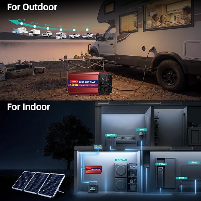 4000W Pure Sine Wave Inverter [8000W Surge], 12V DC to 110V AC Heavy Duty Power Inverter for RV, Truck, Home, Solar, Off-Grid, Outdoor, Car Converter with Dual AC Outlets and LCD Display