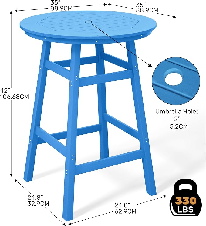 Costaelm Patio Bistro Table, 42" Counter Height Round Patio Cocktail Bar Table with Umbrella Hole, Outdoor Bistro Dining Pub Table for Front Porch Deck Backyard Garden, Pacific Blue
