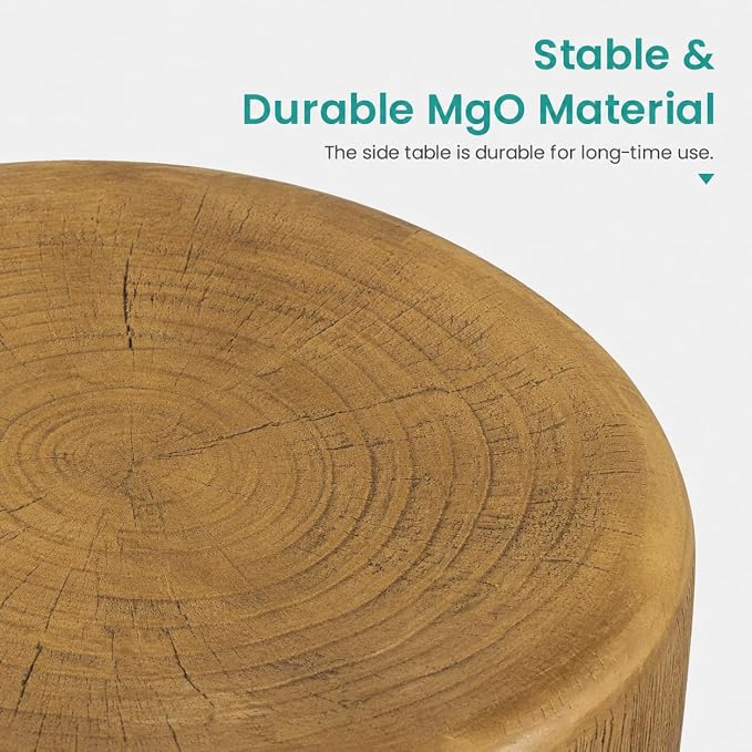 SUNBURY Concrete Side Table Set of 2, Outdoor Side Table Nesting for Patio, Outdoor Accent Table Patio End Table in Woodgrain, Ceramic for Balcony, Courtyard, Round, Light Brown